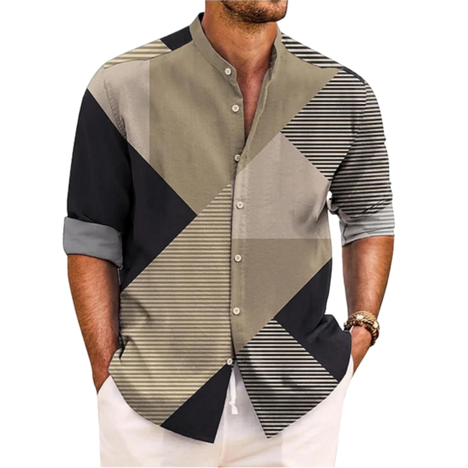 

Men s Loose And Casual Long,sleeved Shirt With Color,blocked Geometric Print Stand,up Collar Button Shirt L хакі