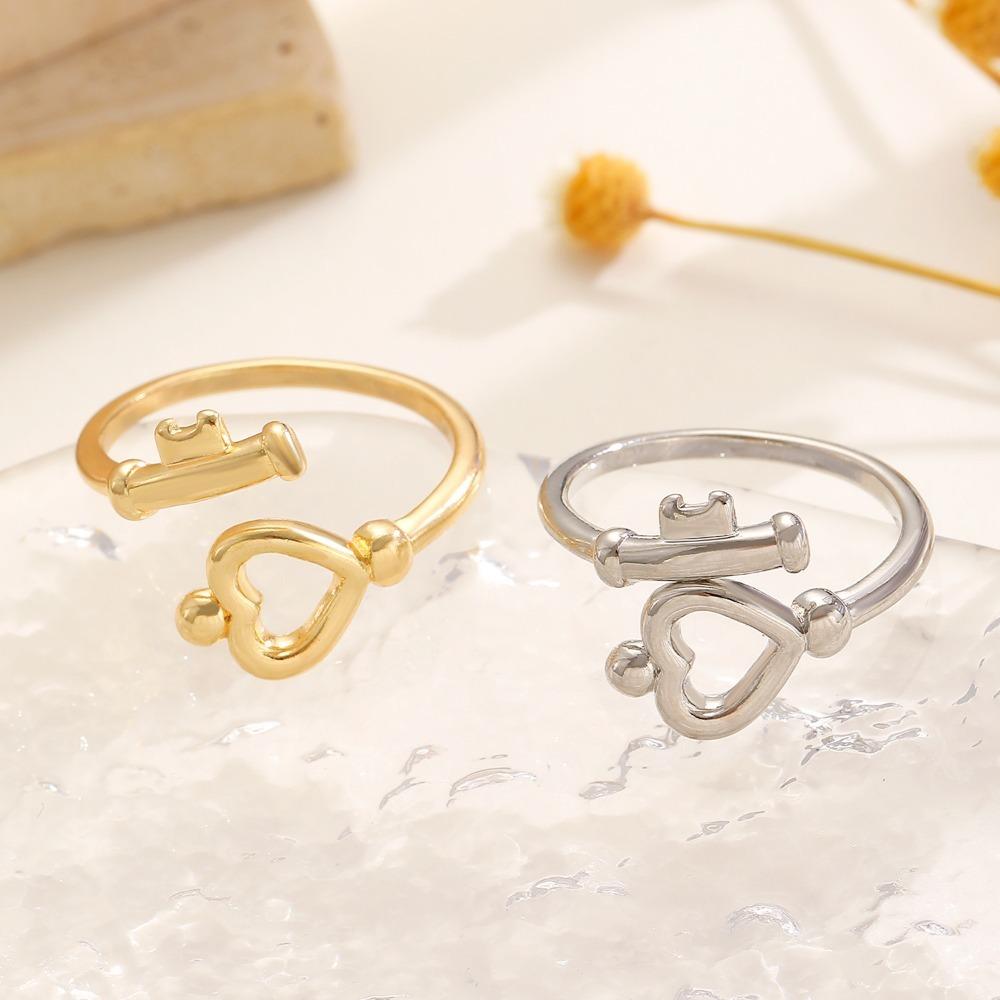 Simple Personality Stainless Steel Hollowed-out Heart Key Shape Opening Rings for Women Fashion Charm Finger Jewelry Accessories