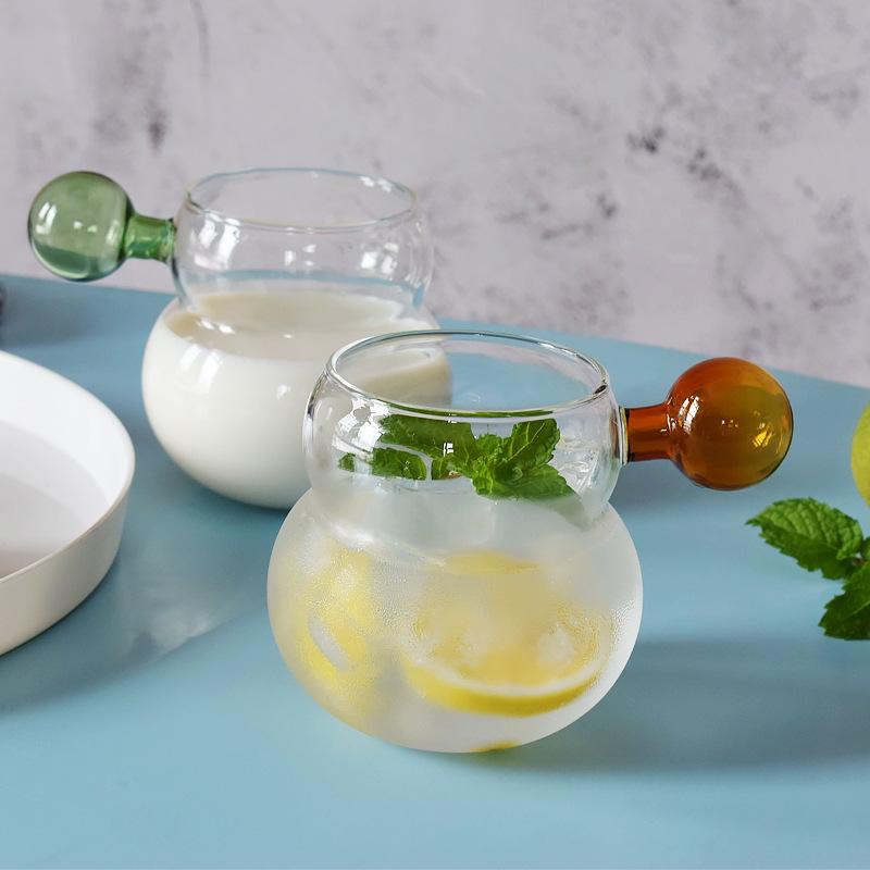 Cute Gourd-Shaped Borosilicate Glass Cup with Spherical Handle for Cold Drinks