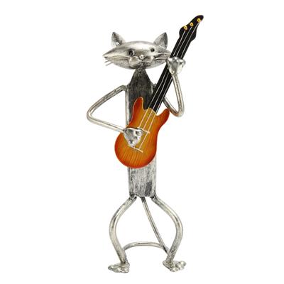 Gitar Çalan Kedi Metal Heykel Pişmiş Boya El Sanatı Renk Solmaz Canlı Sevimli Ayakta Duran Kedi Figürü