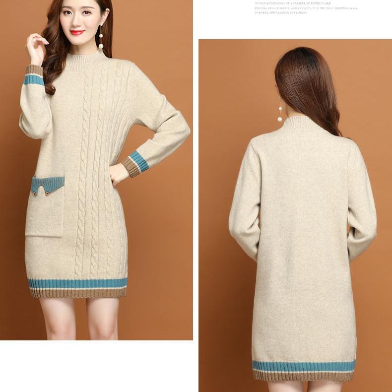 Fleece and Thickened Mid-length Sweater for Women Loose Half Turtleneck Knitted Sweater Fashionable and Casual Hip-hugging Knitted Dress