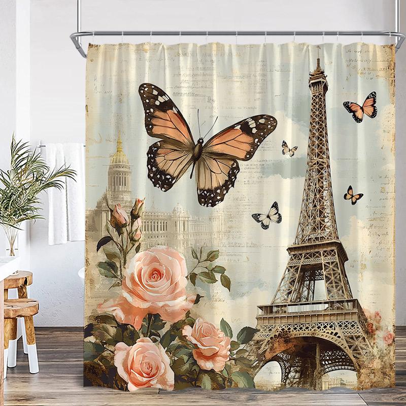 Floral Butterfly Shower Curtains Vintage Paris Tower Butterflies Watercolour Pink Purple Flowers Bath Curtain Bathroom Decor Set