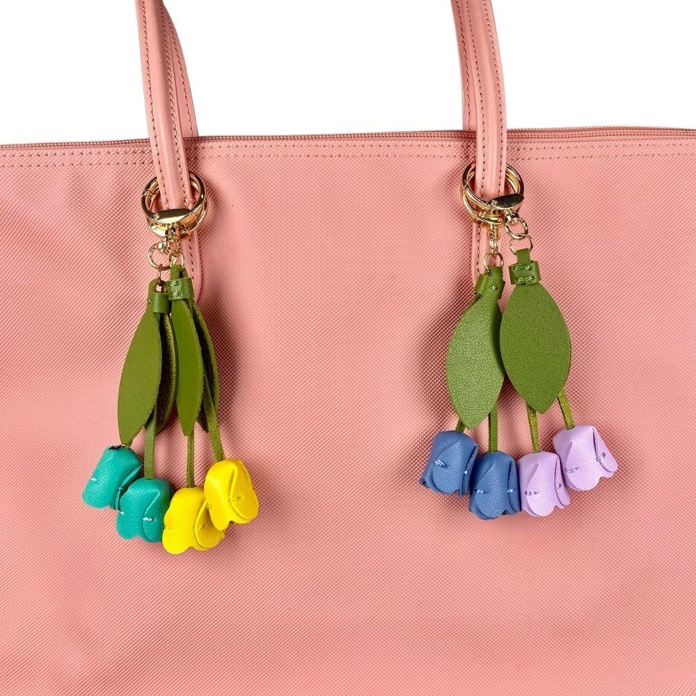 8-Color Soft Leather Tulip Bag Charm– Elegant Hanging Floral Accessory with Metal Ring, Realistic Bloom Design for Backpack
