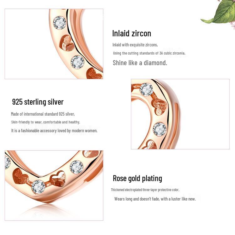 Heart-Shaped 925 Sterling Silver Beads with Rose Gold Plating and Zircon Inlay