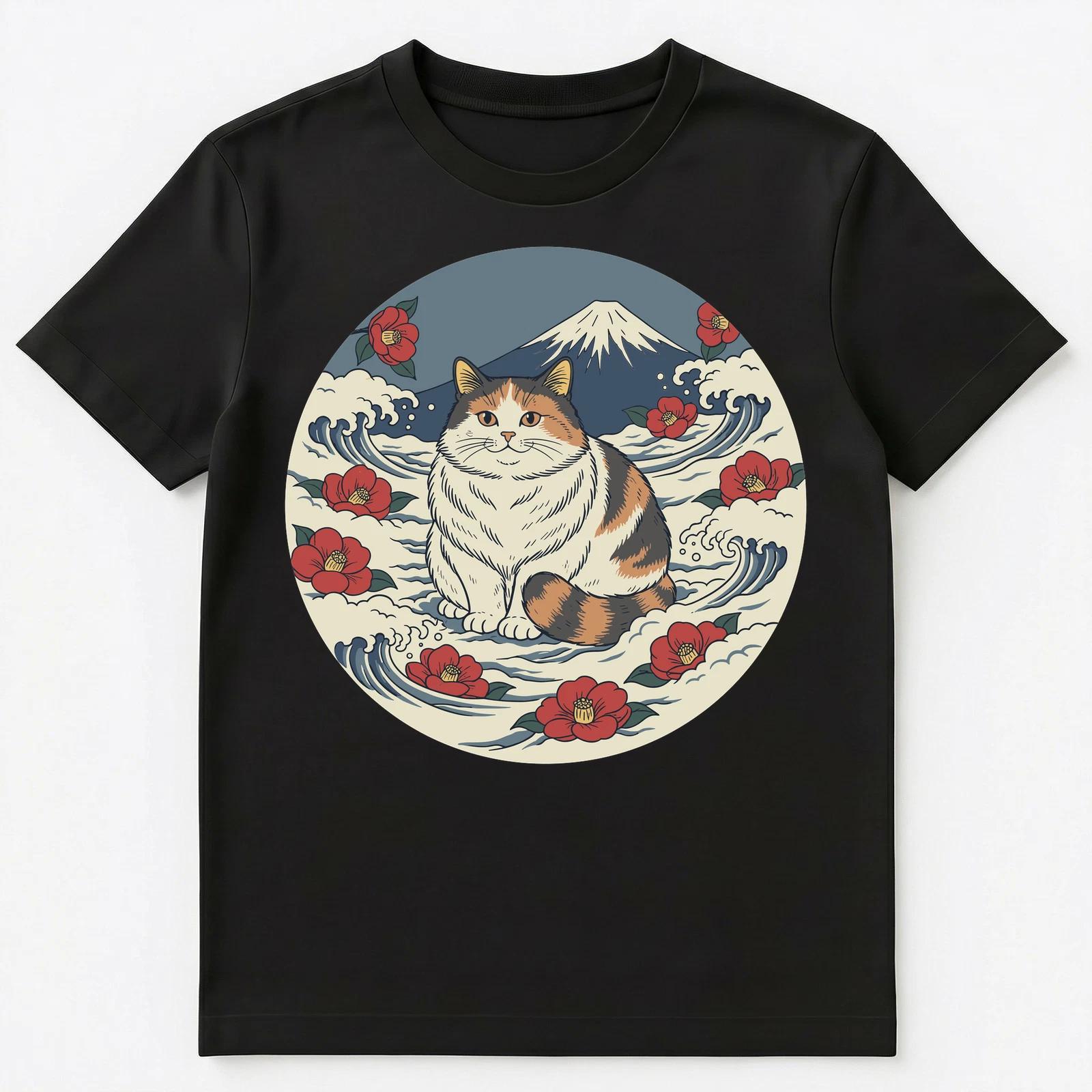 Obese Cat Lover Japanese Art Mount Fuji Feline Ukiyo E Unisex T-Shirt 3XL