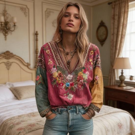 Women Tops V-Neck Long Sleeve Embroidery Flower Printing Tee Shirt Bohemia Ethnic Style