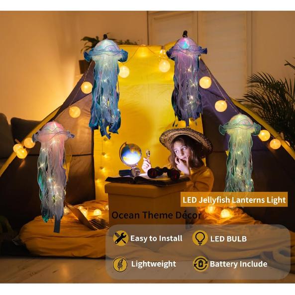 4 Pack LED Jelly-Fish Lamps, Hanging Glitter Iridescent Jelly-Fish Lantern, Home Office Room Decoration, Birthdays Halloween Christmas Gift for