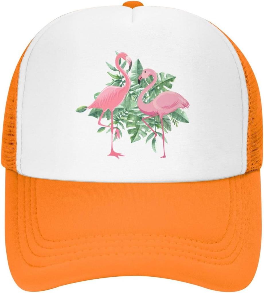 Flamingo Tropical Leaves Print Trucker Hat Adjustable Mesh Baseball Cap for Unisex Casual
