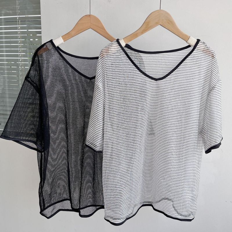

Slight Flaw Summer Fashion Slightly Transparent Design Sense Short sleeve T-shirt V-neck Casual Outdoor All-Matching Top Loose and Comfortable Y2 White L