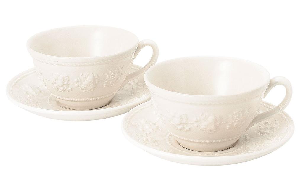 Wedgwood Official Wedding Gift Festivity Ivory Pair Teacup Wedding Gift for the Bride and Officially Imported Wrapping & Saucer, 250ml, Tableware,