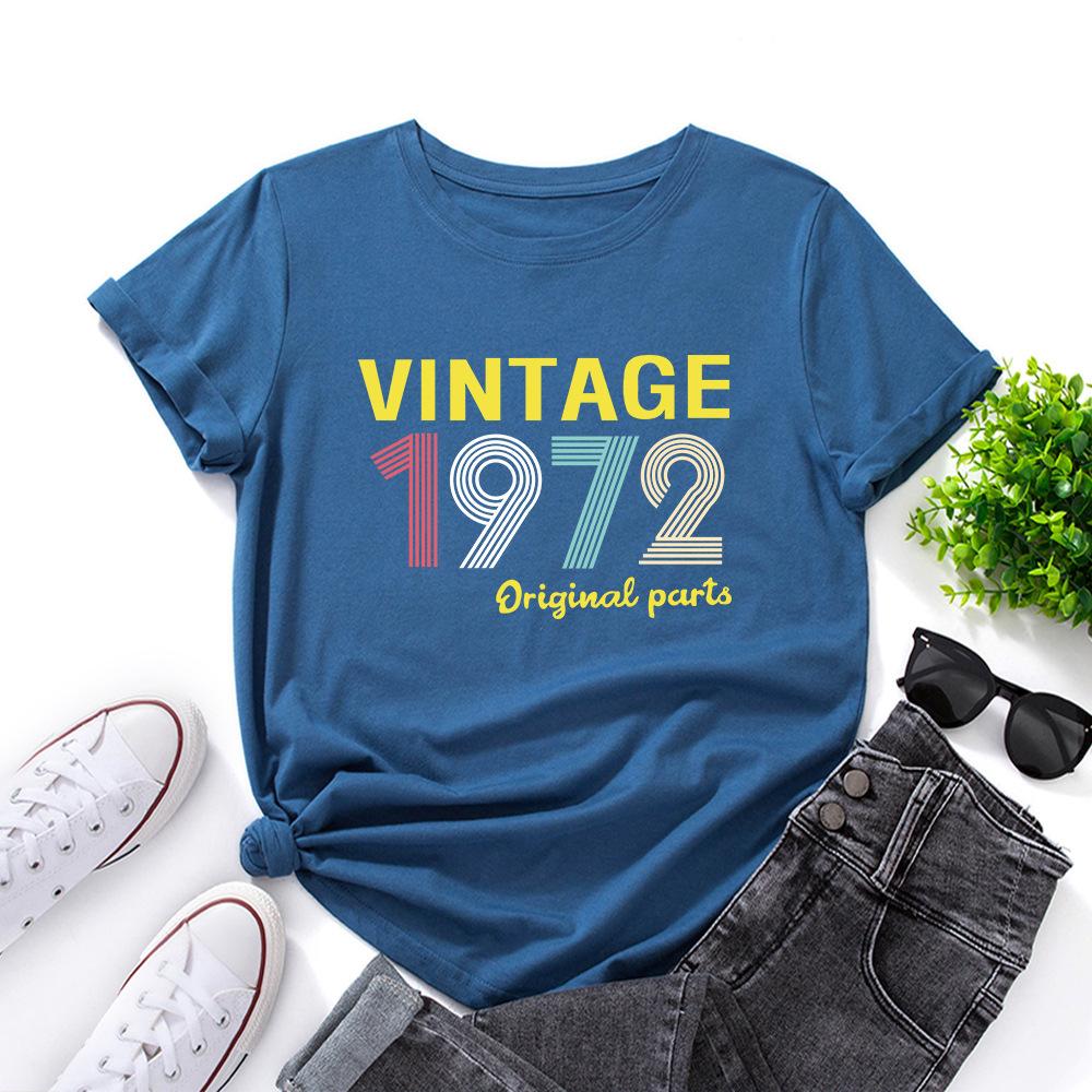 1972 Vintage Alphabet Cotton T-Shirt Short Sleeve Round Neck Women 2d Print Tops