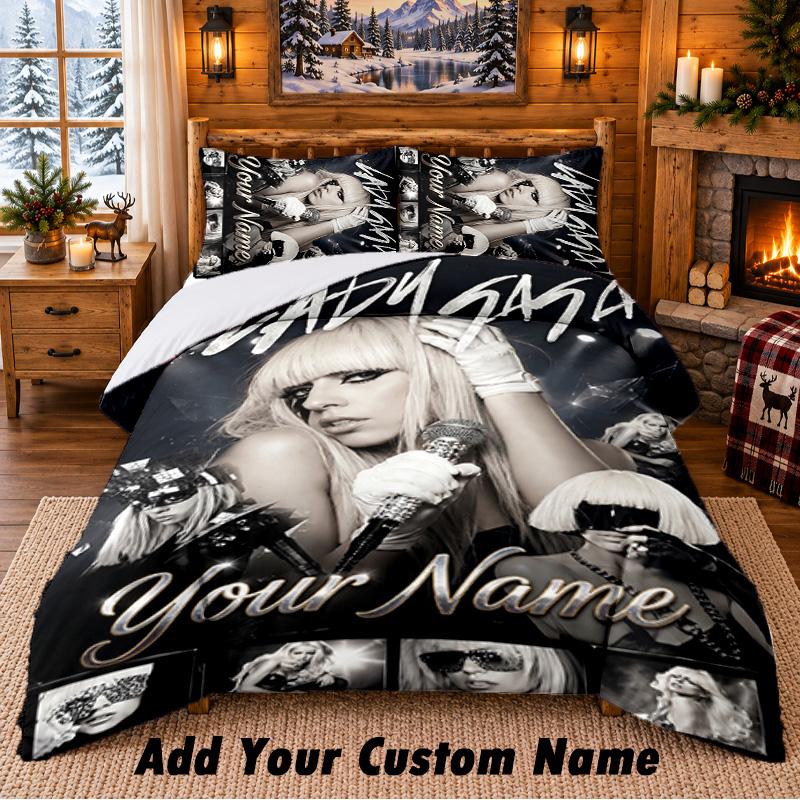 Lady Gaga Personalizowane Imię Zestaw Pościeli 3-częściowy 1 Prześcieradło 2 Poszewki na Poduszki Sypialnia Wystrój Domu