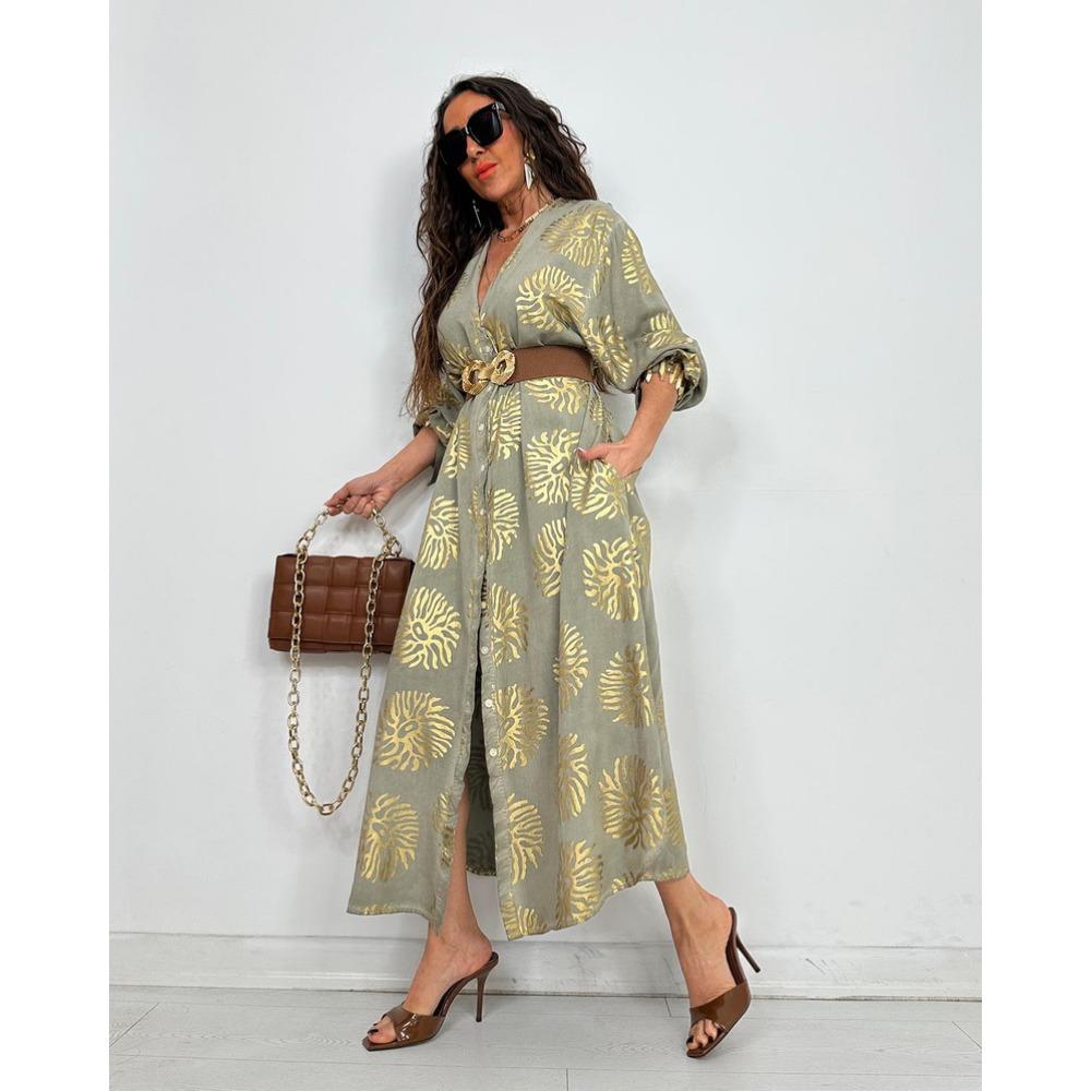 New Women's Lapel Printed and Gold-embossed Loose, Casual Long-sleeved Plum-sized Dress