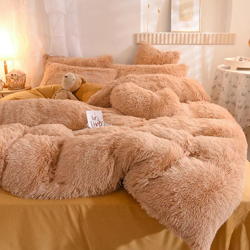 Luxury Winter Warm Long Plush Pink Bedding Set Queen Mink Velvet Double Duvet Cover Set with Fitted Sheet Warmth Quilt Covers