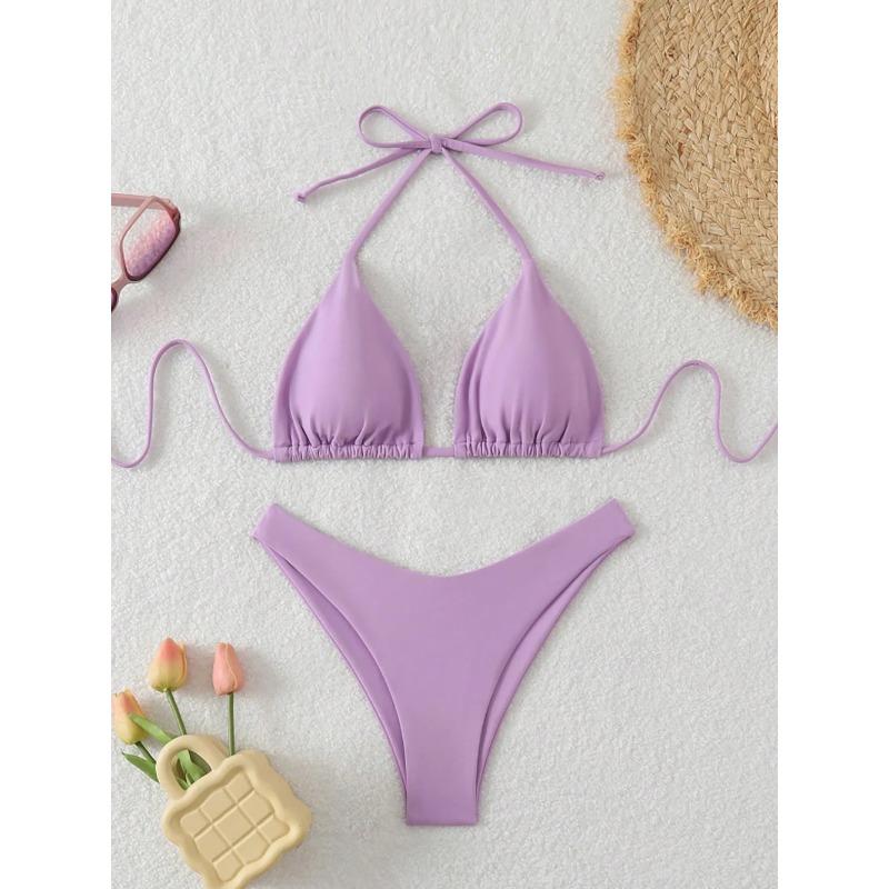 Sexy Solid Halter Lace Up Low Waist Bikini Set Women's 2 Pieces Swimsuit Triangle Thong Swimwear Bathing Suit Brazilian Biquini