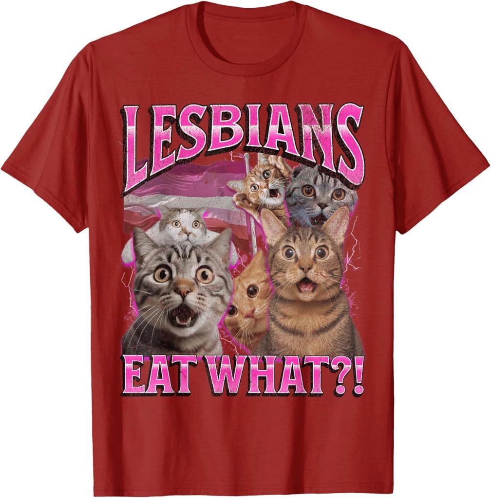 Lesbians Eat What Funny Cat Gay Pride LGBTQ Pun Bootleg TShirt Clothing Graphic Short Sleeve Shirt Men Women AllSeason