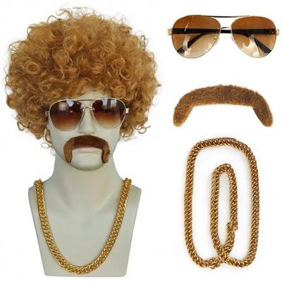 1 náhrdelník+1 brýle+1 čepice paruky+1 vousy+syntetické krátké afro kudrnaté černá hnědá 80. léta 70. léta Disco Rock Pánská cosplay paruka na Halloween