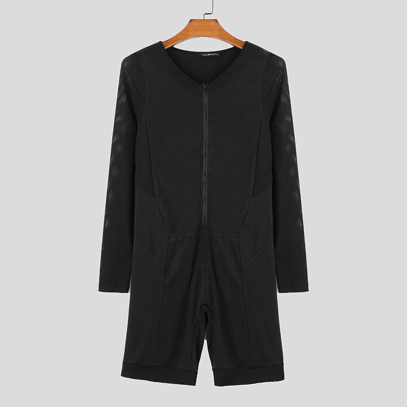 INCERUN Men Long Sleeve Mesh Patchwork One Piece Bodysuits Jumpsuits Short Playsuits