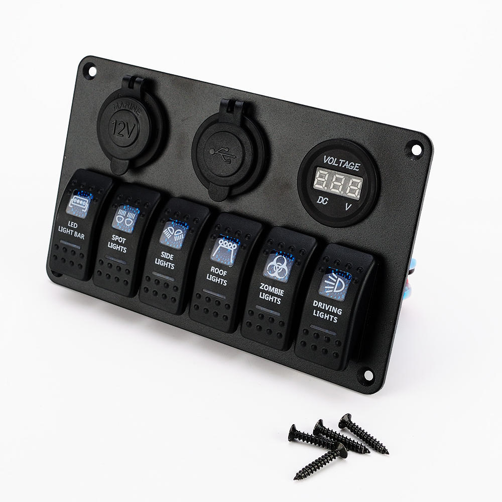 DC 12 V/24 V Car Marine Boat 6-Gang Waterproof Circuit Blue LED Rocker Switch Panel Breaker USB Charger Switches  Relays