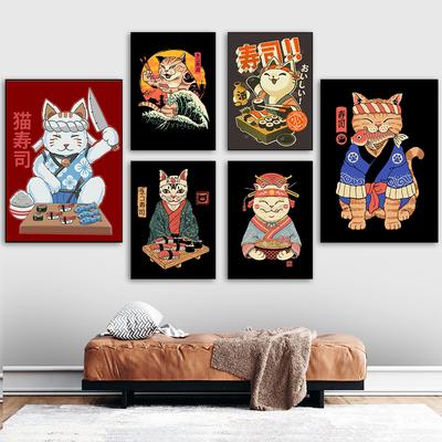 Geisha Neko Ramen Wall Canvas Poster Sushi Cat Chef Japan Wave Print Painting Retro Funny Meowster Bar Kitchen Home Decor Mural
