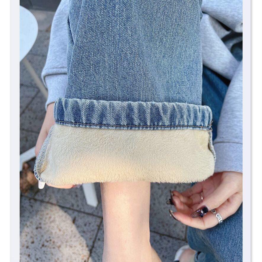 Exclusive Fleece-Lined Wide-Leg Women's Jeans - Autumn/Winter, Loose Fit, Slimming Solid Color