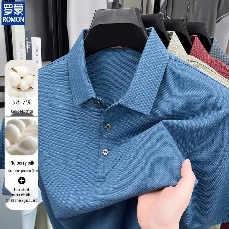 ROMON Men s Combed Cotton Silk Blend Jacquard Polo Shirt 3XL