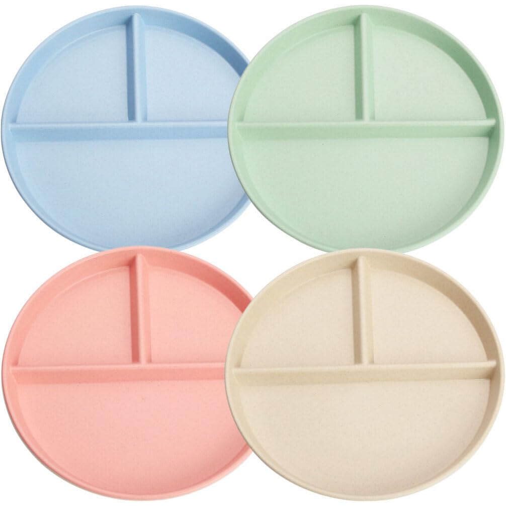NUOLUX Lunch Dinner Outer Lightweight Dishwasher Set of 4 Plates, 3-Compartment Plates, 22.5cm Diameter, Heat-Resistant, Shatter-Resistant, Plastic,