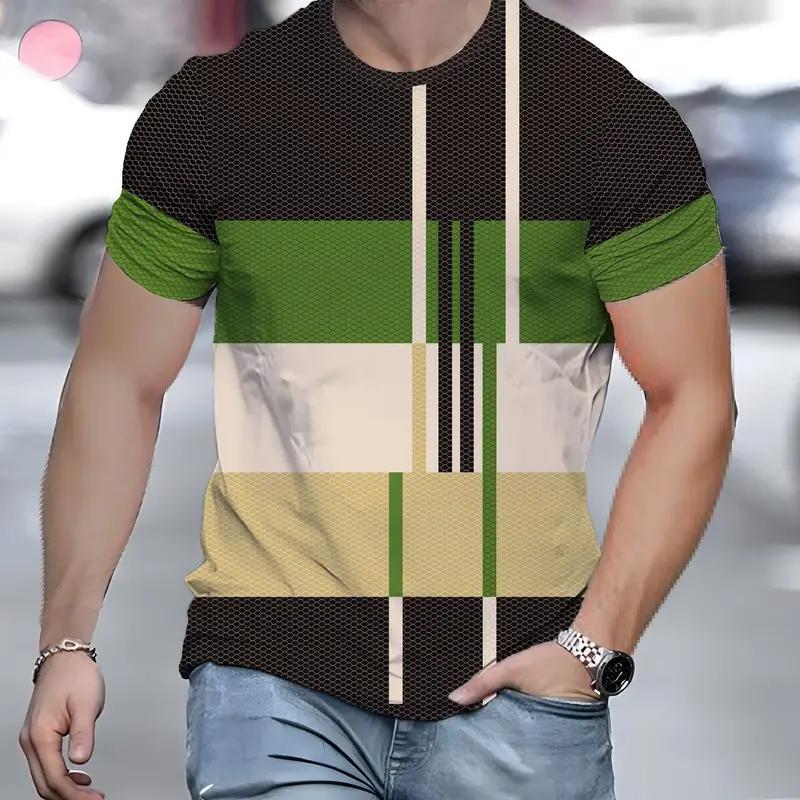 

Повседневная мужская футболка с 3D-полосками и короткими рукавами, летняя повседневная мужская одежда, футболки с принтом в виде сот и решетки, топы 6XL