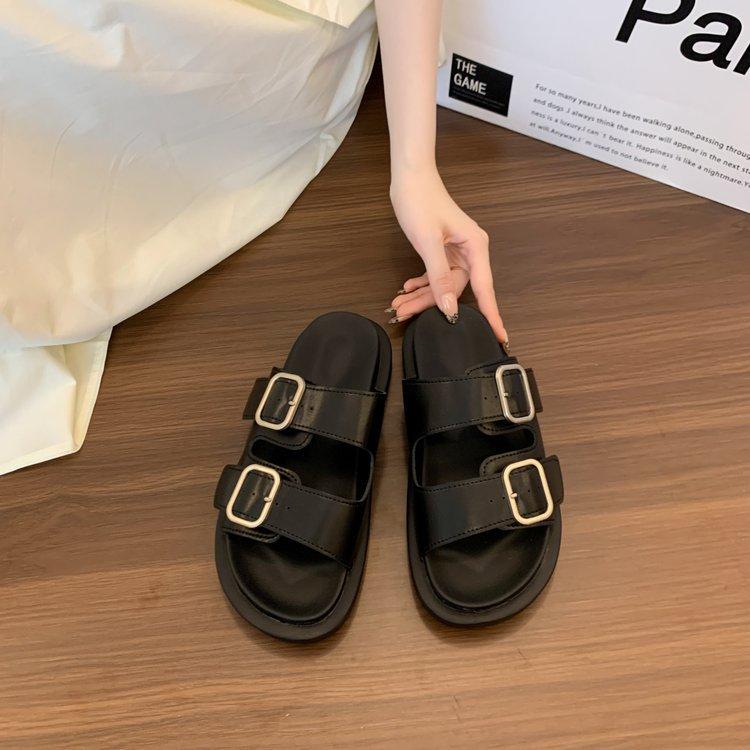 White silver~ thick-bottomed casual cool slippers female summer Internet celebrity outer wear fashionable versatile belt buckle one-word drag female