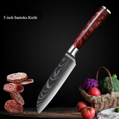 5 Inch Santoku Knife Red Resin Damascus Grain Handle Cooking Knife Chef Knife Japanese Fruit Knife