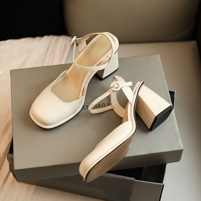 One-word high heels square head single shoes women's shoes 2025 spring and summer new thick heel Mary Jane bag head sandals women