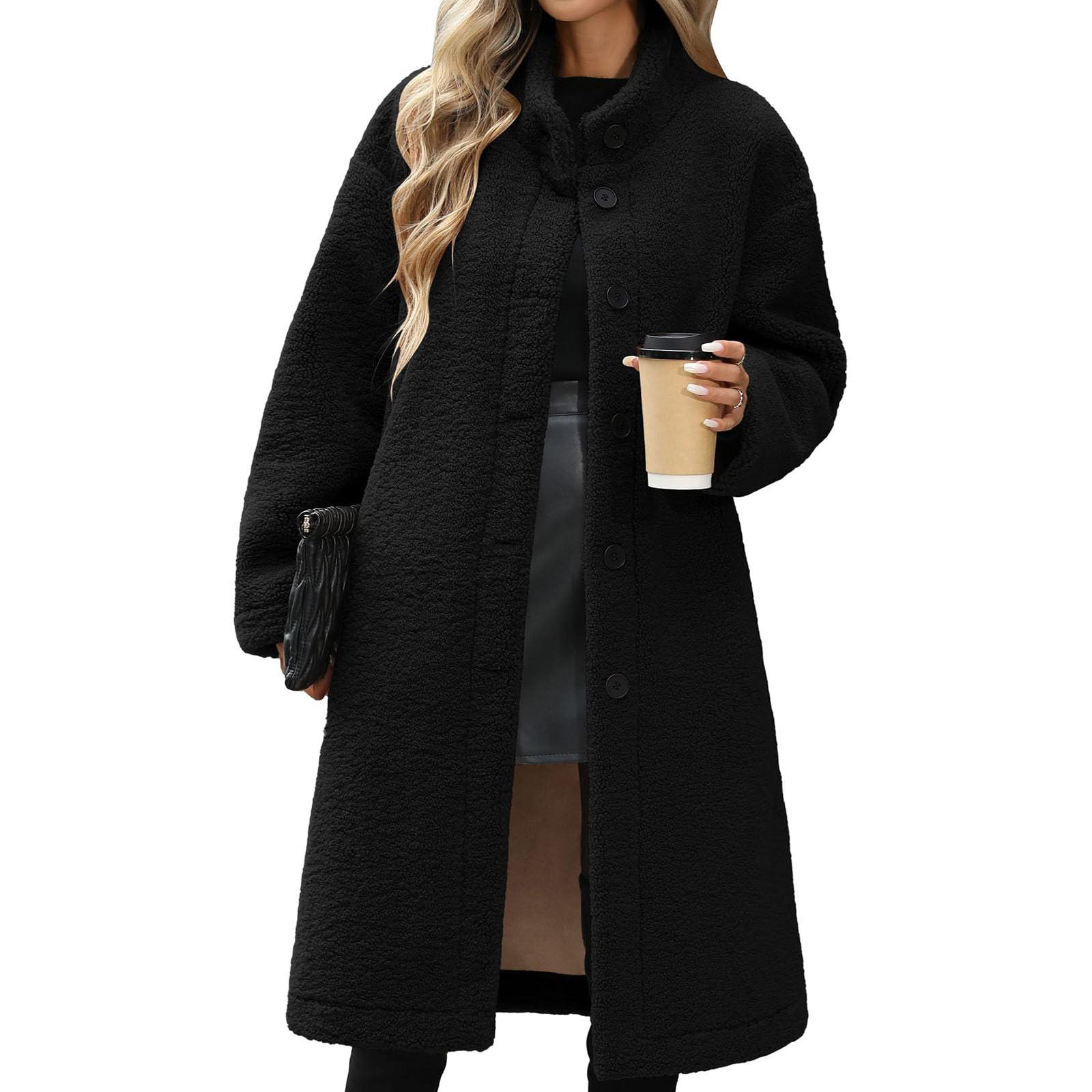 

Women s Solid Color Button Pocket Woolen Button Long Sleeved Jacket XXL чёрный