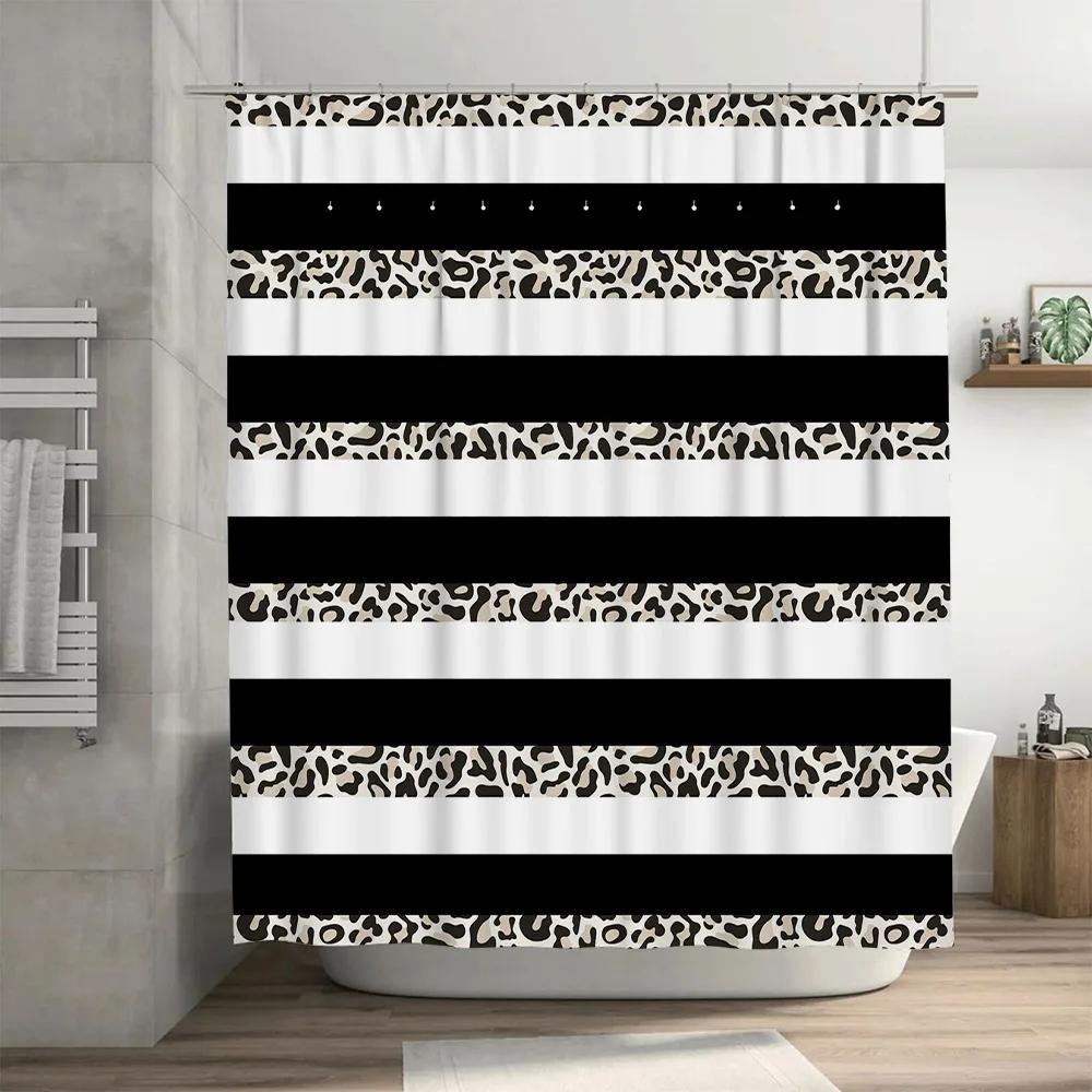 Animal Print Shower Curtain Black White Striped Design with Leopard Pattern for Bathroom Decorations Waterproof Fabric Easy Inst
