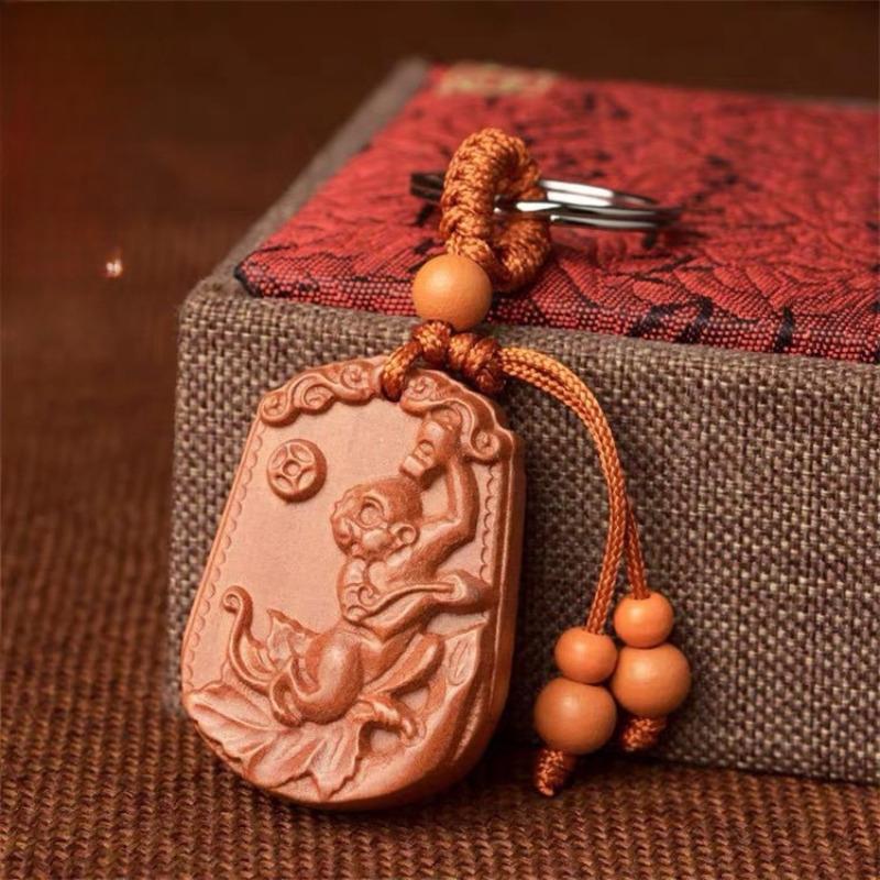 Wooden Protection And Safety Keychain Pendant For Car Decoration And Bag Accessories