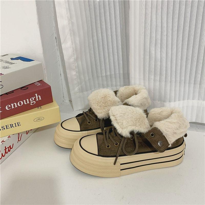 

2025 Женские парусиновые кеды с высоким верхом в корейском стиле: Универсальные теплые кроссовки Харадзюку на бархатной подкладке для осени и зимы 40 темно-коричневого