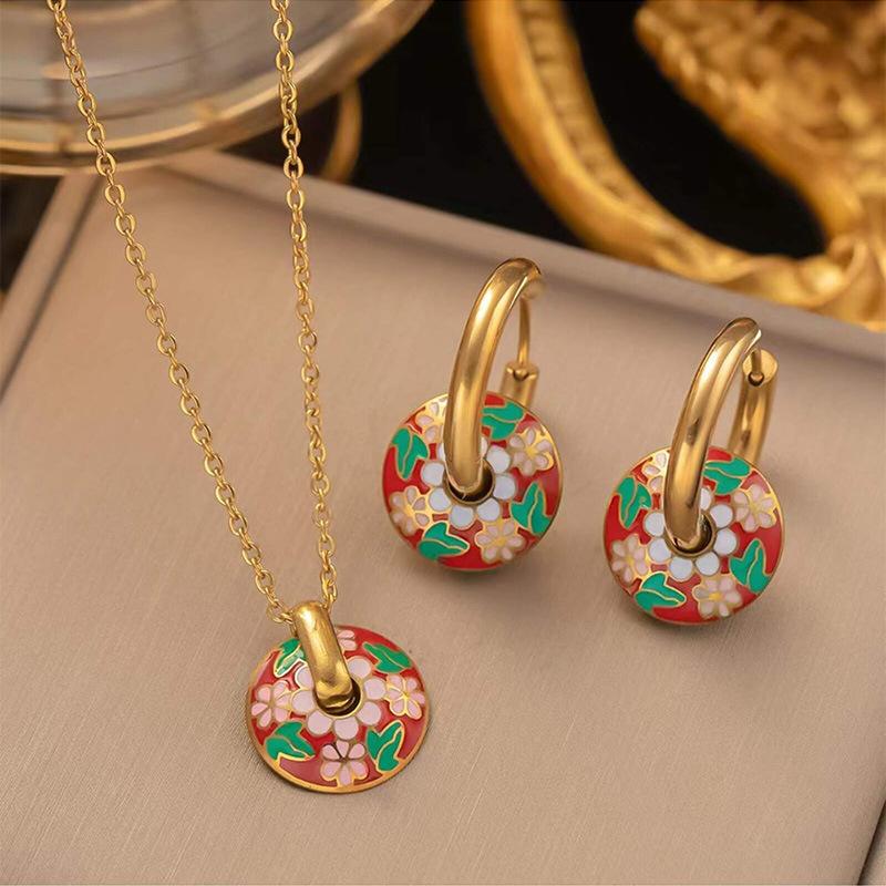 Necklace Earrings Set Stylish Vintage Painted Daisy Pattern Circle Stylish Female Titanium Steel