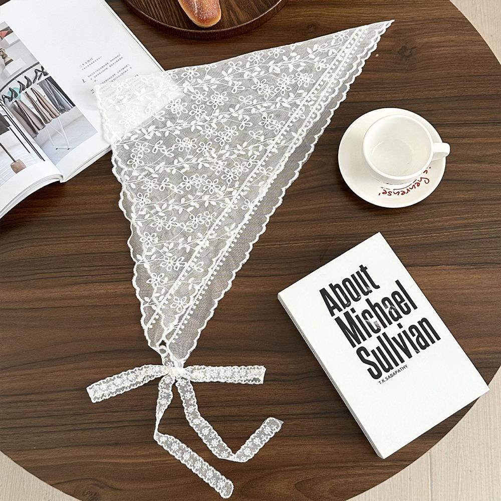 

Embroidered Lace Triangle Headscarf Hollow-out Pastoral Style Hair Scarf Wraps Woven Floral White Butt Curtain Skirt