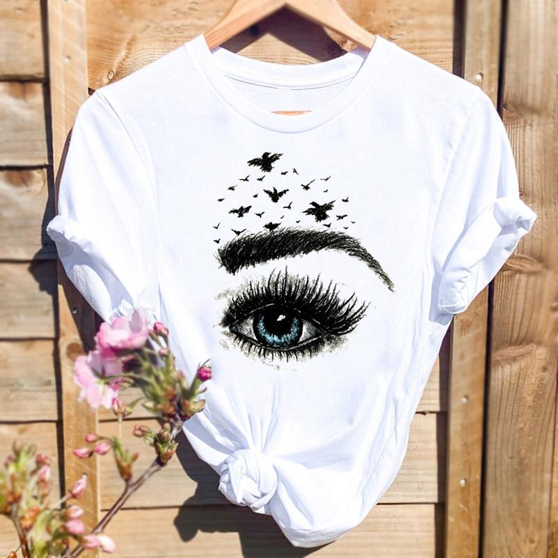 Women Print T-shirts Watercolor Eye Lashes Eyelashes Trend Graphic Tops Fashion Short Sleeve Summer Shirt Female Tees