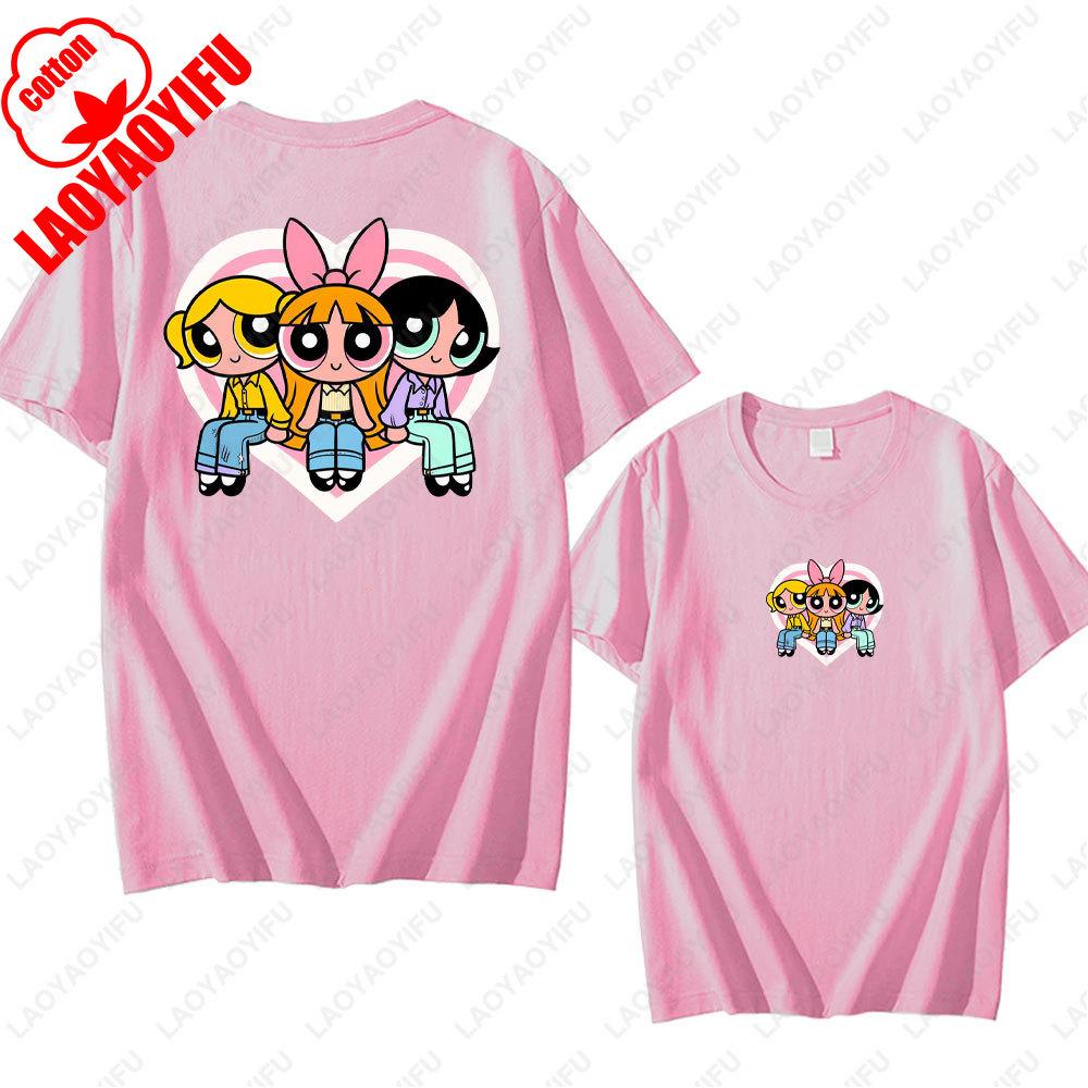 The Powerpuff Girls Anime Tshirt Trendy Kawaii Woman Clothing O Neck Summer Cotton Short Sleeve Tee Retro Trend Cool Street Tops
