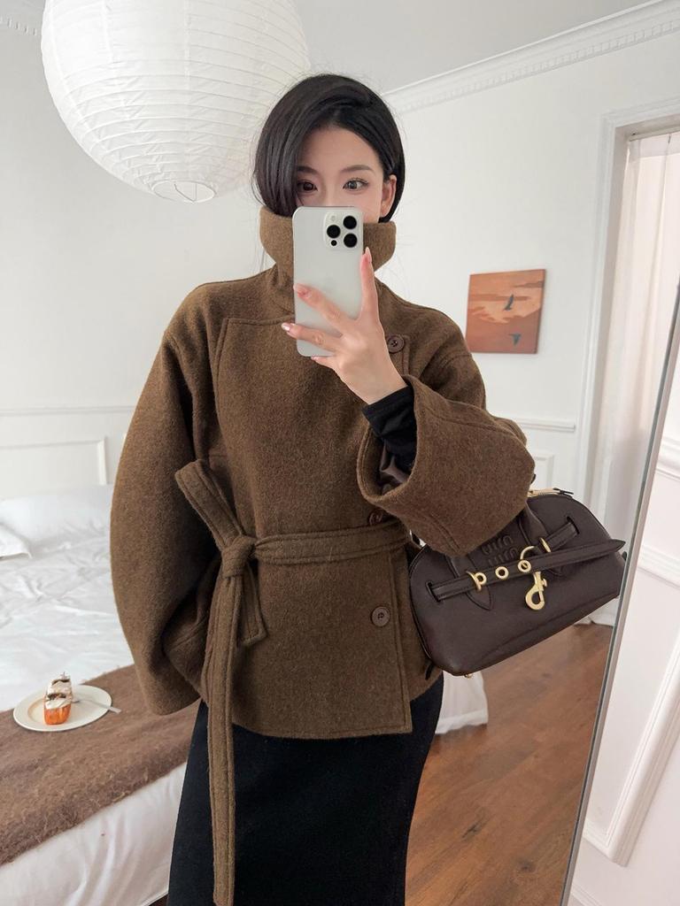 Retro Camel-Hair Short Wool Coat with Belt