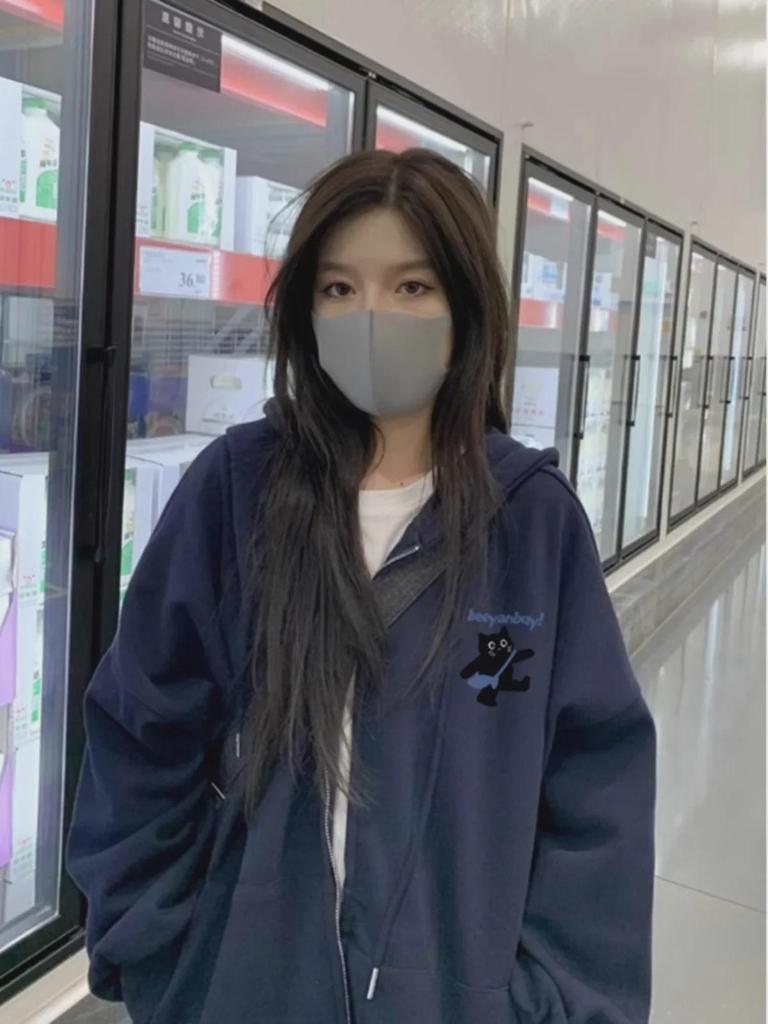 Navy Blue Hooded Zipper Cardigan for Women - Lightweight Autumn/Winter Sweater