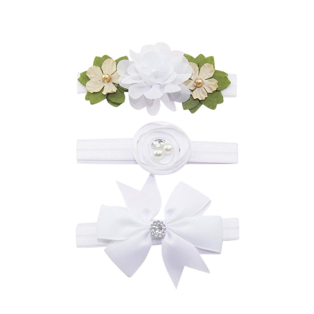 3Pcs Kids Elastic Floral Headband Pearl Hair Girls Baby Bowknot Hairband Set