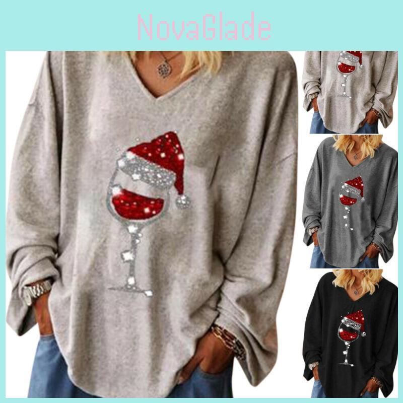 Trendy Womens Christmas Wine Glass V-neck Long Sleeve Pullover Blouse Tops