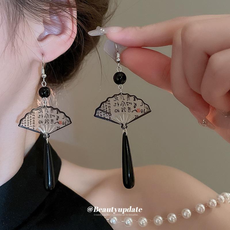 New Chinese Clear Ink Folding Fan Ear Hook Guochao Personality Retro Temperament Water Drop Earrings Niche Versatile Earrings Women