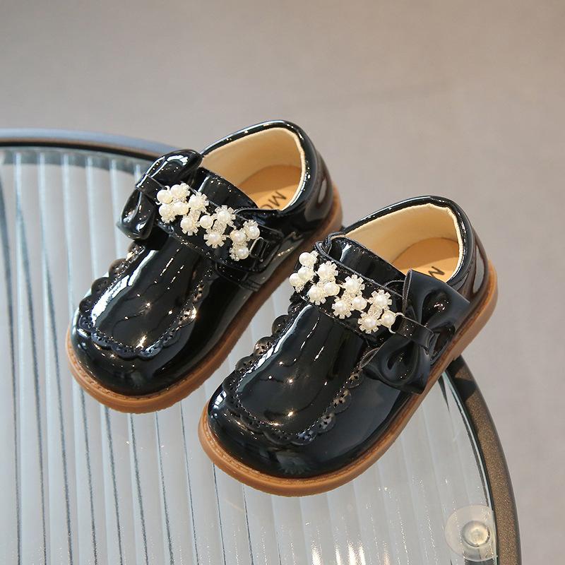 Kids Shoes Girl Pearl Small Leather Shoe Bow Tie Princess Shoe Fashionable Mary Jane Shoes Spring Autumn Soft Bottom Shoes Girl