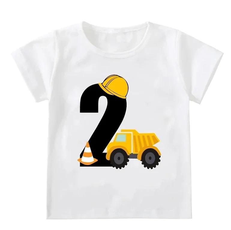 Engineering Vehicle Number 6 Dump Truck Print Boys White T Shirt Builder Themed Short Sleeve Sixth Birthday Casual Wear