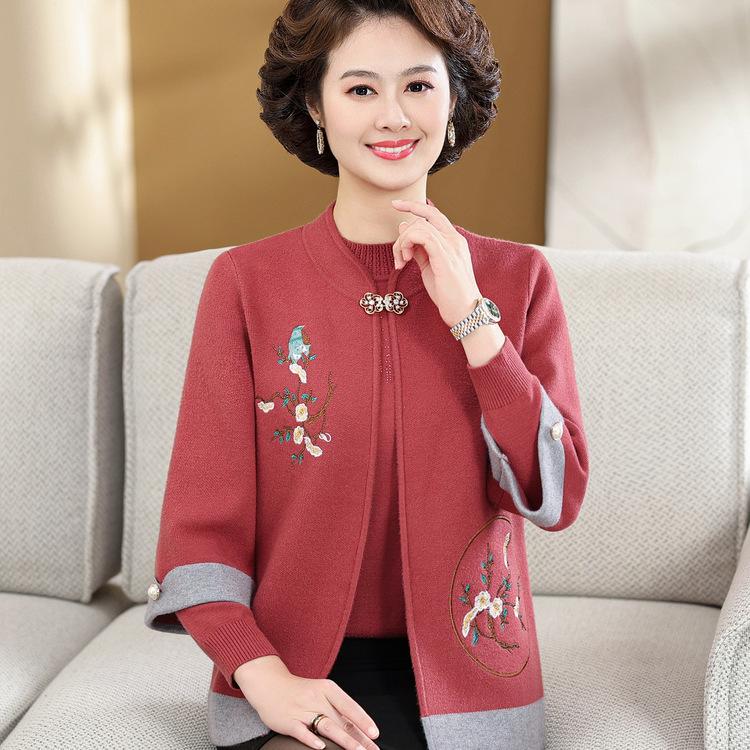 Middle-aged and Elderly Women's Wedding Sweater Coat Two-piece Mother's Autumn and Winter New Suit Fashion Hi Mother-in-law Coat