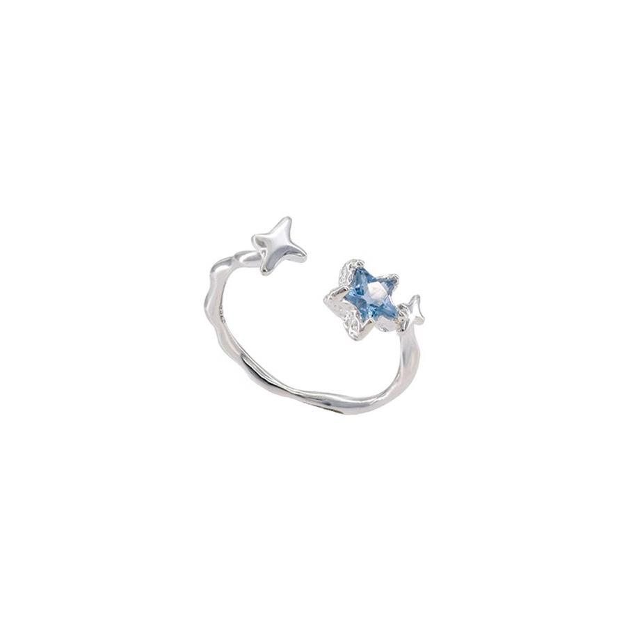 PANJBJ 925 Silver Stars Ring For Women Blue Crystal Opening Sweet Romance Irregular Versatile Jewelry Gift