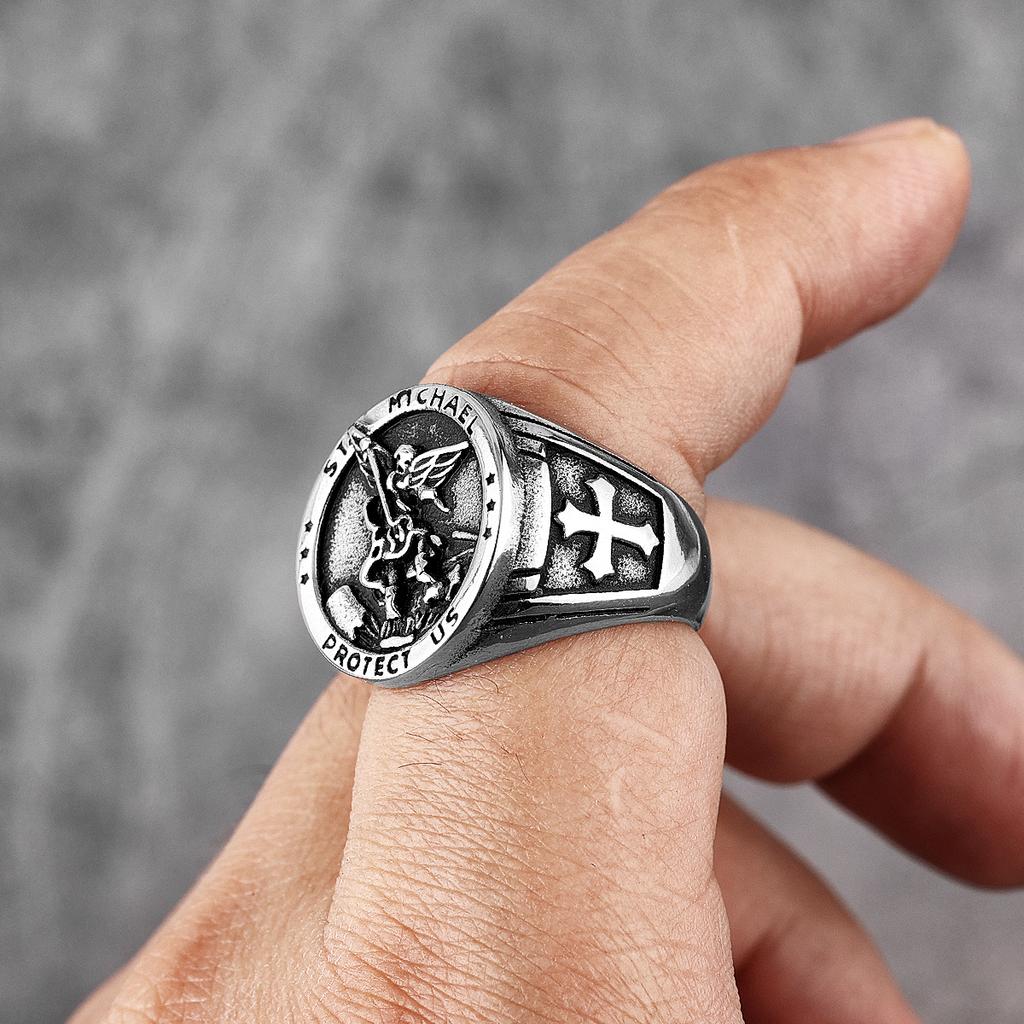 Archangel Saint Michael Exorcism Stainless Steel Mens Rings Punk Amulet for Male Boyfriend Jewelry Creativity Gift Wholesale