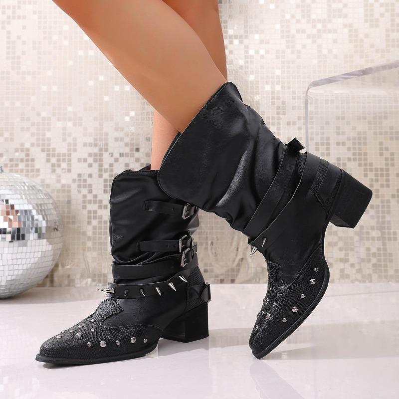 Women's Wide Width V-Cut Ankle Boots, Pointed Toe Chunky Heel Western Boots, Studded Stacked Cowboy Boots for Winter